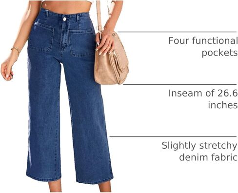 بنطال جينز واسع الساق للنساء من GRAPENT بنطال دينم قصير عالي الخصر مستقيم الساق قابل للتمدد مع جيوب بنطلون جينز in Kuwait