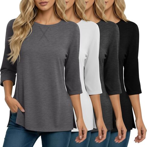 4 Pack 3/4 Sleeve Tunic Tops for Women Side Slit T Shirts Round Neck Loose Fit Casual Basic Tunics Wear with Leggings in Saudi Arabia