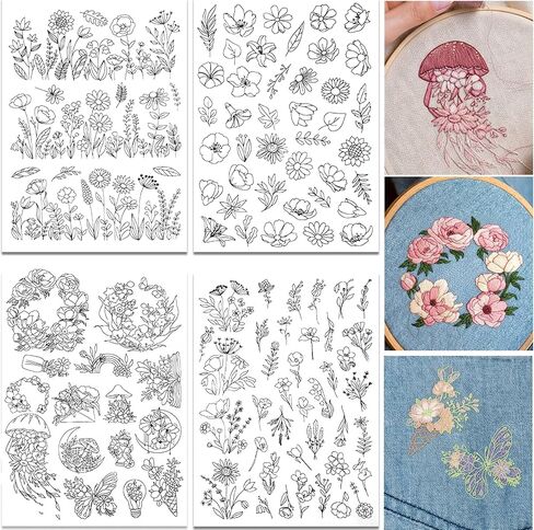 Water Soluble Embroidery Patterns, Mabor 4Pcs Flower Embroidery Stickers Wash Away Dissolvable Stick & Sew Embroidery Stabilizer for Hand Sewing Lovers in Saudi Arabia