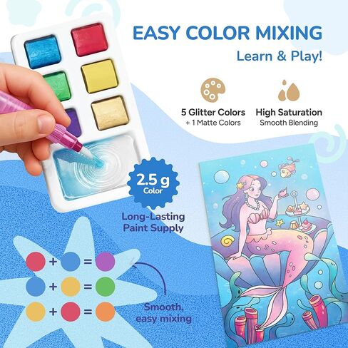 JoyCat 2 حزمة طلاء الجيب مع كتب تلوين مائية للأطفال، مجموعة ألعاب الأنشطة الفنية والحرفية، مجموعة أدوات الرسم الإبداعية للسفر والمنزل، هدايا للفتيات والأولاد الذين تتراوح أعمارهم بين 3-8 (المهر السحري وأميرة المحيط) in Kuwait