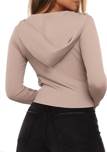LovelyWholesale Womens Cropped Zip Up Hoodie Ribbed Knit Long Sleeve Crop Sweatshirt in Saudi Arabia
