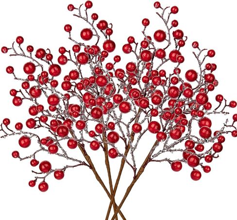 Hollyone 4 Pack Artificial Christmas Glitter Berries Stems, 19 Inch Fake White and Gold Holly Berry Picks with Ice Snow for Christmas Tree Wreath Floral Arrangements Holiday Home Vase DIY Crafts Decor in Saudi Arabia