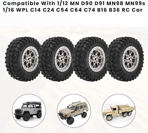RC Tires & Wheels Set, 70x25mm Soft Rubber Tires with Foam Inserts, 5mm HexPlastic Beadlock Rims for 1/12 MN D90/D91/MN98/MN99S & 1/16 WPL C14/C24/C54/C64/C74/B16/B36 (B；Silevr) in Saudi Arabia