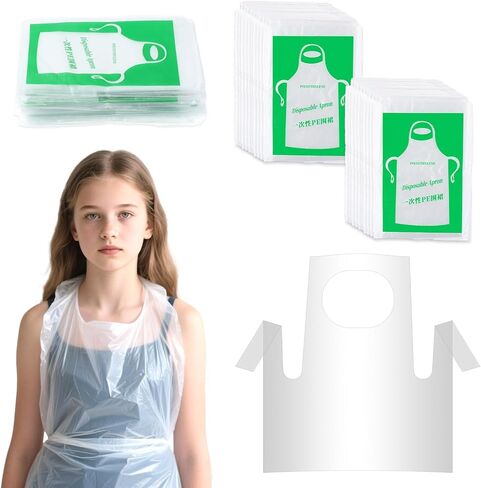 Vin Beauty 25 Pieces Disposable Art Aprons for Kids, Clear Plastic Aprons Disposable Waterproof Oil Proof Toddler Art Apron Children Cooking Apron for Cooking Eating Teaching DIY Craft Picnic in Saudi Arabia