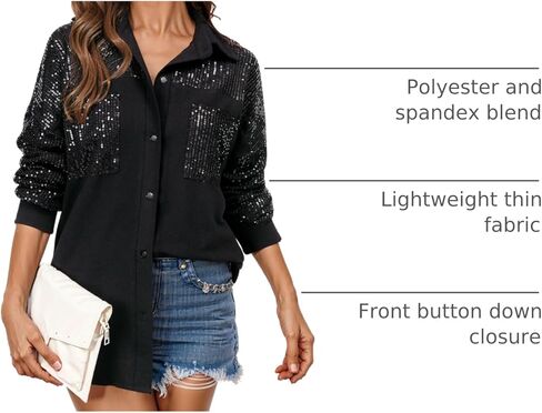 Ezcosplay Women Button Down Shirt Sparkly Sequin Shacket Long Sleeve Glitter Casual Outerwear Tops in Kuwait