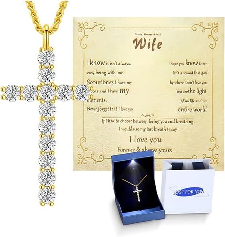 Moissanite Cross Necklace for Women Sterling Silver Gold Plating Necklaces for Wife Christian Cross Pendant Religious Anniversary Jewelry for Her Birthday Christmas Gifts for Wife Girlfriend in Saudi Arabia