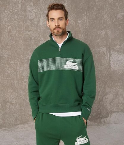 Lacoste Men's Loose Fit High-Neck Quarter Zip Sweatshirt with Front Tennis Net Graphic in Saudi Arabia