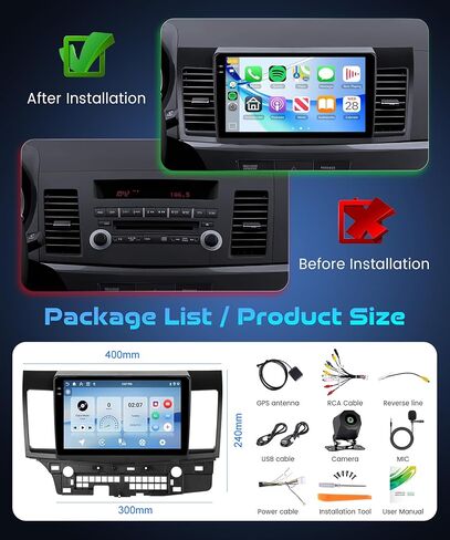 ستيريو سيارة Android لـ Mitsubishi Lancer EX 2010-2017، راديو Carplay Android Auto اللاسلكي، 2G+64G 10.1 بوصة وحدة رأس شاشة تعمل باللمس مع نظام ملاحة GPS WiFi Bluetooth Mirror Link FM RDS كاميرا احتياطية in Kuwait