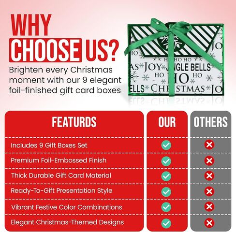 Iconikal Christmas Holiday Foil Embossed Gift Card Holder Boxes with Ribbon, Set of 9 in Kuwait