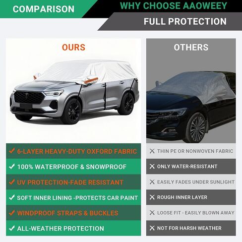 Half Car Cover for SUV, Sunroof & Windshield Cover for Ice and Snow, Hail Protector with Cotton Liner, Waterproof Roof Car Cover for All Weather Sun Rain Dust Protection in Saudi Arabia