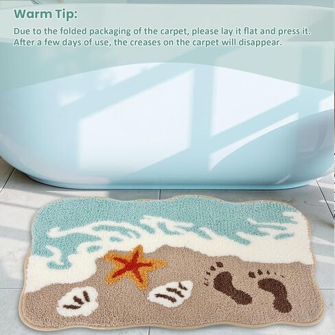 سجادة حمام سميكة للغاية بتصميم الشاطئ من WREWING، سجاد حمام على شكل قشرة رملية مموجة مع ظهر مانع للانزلاق، سجادة حمام من الألياف الدقيقة الماصة على شكل نجم البحر، سجادات حمام قابلة للغسل في الغسالة لديكور المنزل 20 × 31 بوصة (أزرق 2) in Kuwait