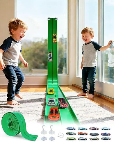 15 Ft Flexible Race Car Track Double Lane– Rolls Up Racetrack Compact, Compatible with Diecast 1/64th Cars Hot Wheels Matchbox, Outdoor Flex Track Gift for Ages 3 & Up-Blue in Saudi Arabia