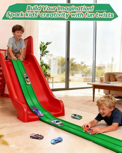 15 Ft Flexible Race Car Track Double Lane– Rolls Up Racetrack Compact, Compatible with Diecast 1/64th Cars Hot Wheels Matchbox, Outdoor Flex Track Gift for Ages 3 & Up-Blue in Saudi Arabia