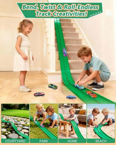 15 Ft Flexible Race Car Track Double Lane– Rolls Up Racetrack Compact, Compatible with Diecast 1/64th Cars Hot Wheels Matchbox, Outdoor Flex Track Gift for Ages 3 & Up-Blue in Saudi Arabia