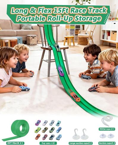 15 Ft Flexible Race Car Track Double Lane– Rolls Up Racetrack Compact, Compatible with Diecast 1/64th Cars Hot Wheels Matchbox, Outdoor Flex Track Gift for Ages 3 & Up-Blue in Saudi Arabia