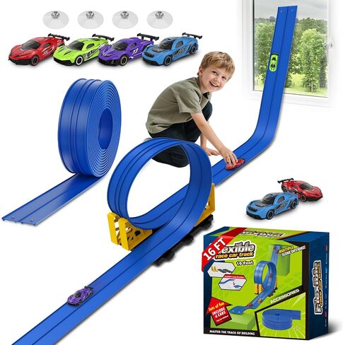 Flex Race Track 16 Ft with Suction Cups Compatible with Diecast 1/64th Cars, Flexible Car Track Toys for Ages 3+ Kids Toddlers Roll Out Portable Racetrack (Blue) in Saudi Arabia