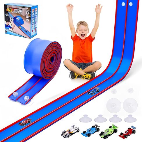 مسار سيارة سباق مرن للأطفال بطول 15 قدمًا، مجموعة مسارات مرنة متوافقة مع سيارات Diecast 1/64th، مسارات سباق محمولة قابلة للطي مع كؤوس شفط قوية، هدايا عيد ميلاد للأولاد والبنات من عمر 3 سنوات فما فوق in Kuwait