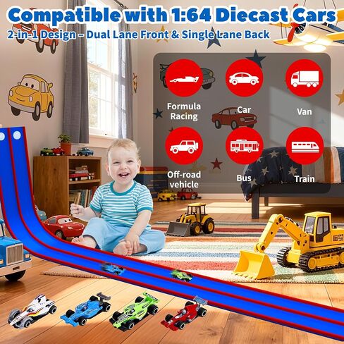 مسار سيارة سباق مرن للأطفال بطول 15 قدمًا، مجموعة مسارات مرنة متوافقة مع سيارات Diecast 1/64th، مسارات سباق محمولة قابلة للطي مع كؤوس شفط قوية، هدايا عيد ميلاد للأولاد والبنات من عمر 3 سنوات فما فوق in Kuwait