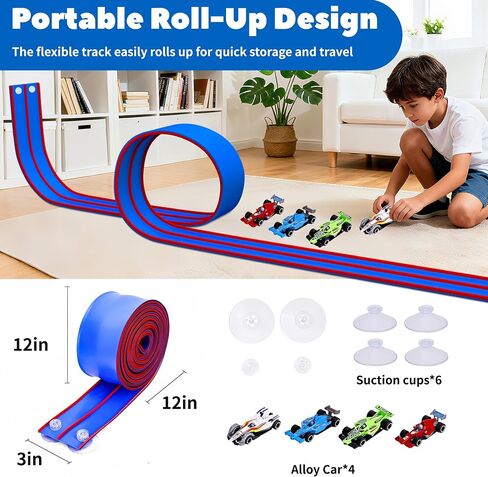 مسار سيارة سباق مرن للأطفال بطول 15 قدمًا، مجموعة مسارات مرنة متوافقة مع سيارات Diecast 1/64th، مسارات سباق محمولة قابلة للطي مع كؤوس شفط قوية، هدايا عيد ميلاد للأولاد والبنات من عمر 3 سنوات فما فوق in Kuwait