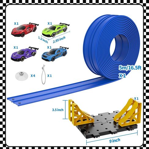 Flex Race Track 16 Ft with Suction Cups Compatible with Diecast 1/64th Cars, Flexible Car Track Toys for Ages 3+ Kids Toddlers Roll Out Portable Racetrack (Blue) in Saudi Arabia
