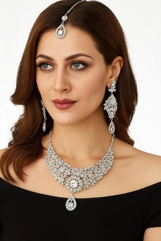 Touchstone NEW Indian Traditional Handcrafted Marvelous Floral White Rhinestone Wedding Bridal Designer Jewelry Necklace Long Earrings Mangtika Set In Silver Tone For Women. in Kuwait