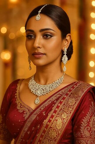 Touchstone NEW Indian Traditional Handcrafted Marvelous Floral White Rhinestone Wedding Bridal Designer Jewelry Necklace Long Earrings Mangtika Set In Silver Tone For Women. in Kuwait