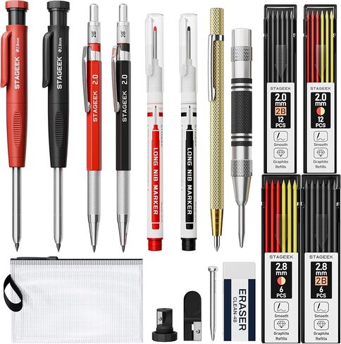 22 Pack Mechanical Carpenter Pencil Set with Sharpener 60 Refills, Automatic Center Punch, Carbide Scribe Tool, Eraser and Deep Hole Marker Pen, Heavy Duty Construction Pencil for Architect-With Pouch in Kuwait