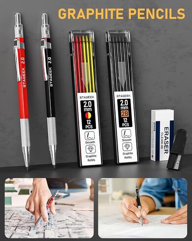 22 Pack Mechanical Carpenter Pencil Set with Sharpener 60 Refills, Automatic Center Punch, Carbide Scribe Tool, Eraser and Deep Hole Marker Pen, Heavy Duty Construction Pencil for Architect-With Pouch in Kuwait