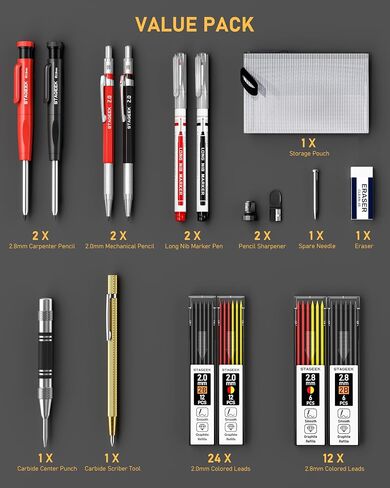 22 Pack Mechanical Carpenter Pencil Set with Sharpener 60 Refills, Automatic Center Punch, Carbide Scribe Tool, Eraser and Deep Hole Marker Pen, Heavy Duty Construction Pencil for Architect-With Pouch in Kuwait