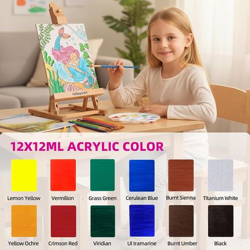Falling in Art 40 Pcs Acrylic Paint Set for Kids, DIY Wooden Slices Kit with 6 Acrylic Paints, 5 Glow Paints, 10 Paintbrushes, and 12 Wooden Slices, Complete Art Craft Gift for Boys and Girls in Saudi Arabia