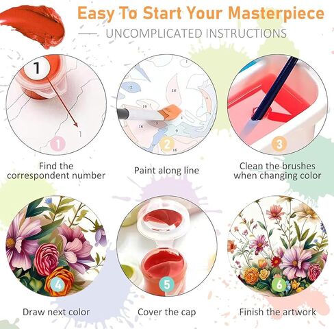 مجموعة كتب الطلاء بالأرقام للبالغين المبتدئين - حامل خشبي، طلاء زهور بالأرقام مع إطار، كتاب رسم للكبار حسب مجموعات الأرقام على القماش، فنون الرسم الزيتي السهل هدية ديكور جداري 8 × 8 بوصة in Kuwait