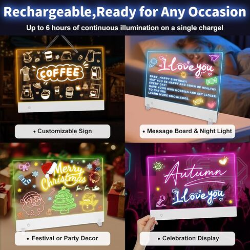 Rechargeable Led Drawing Board for Kids, 13.7" x 10", 3 Modes and 8 Colors, Illuminated Acrylic Dry Erase Board, Includes Cable and Hanging Chain, Invisible Stand, 7 Markers and a Spray Bottle. in Saudi Arabia