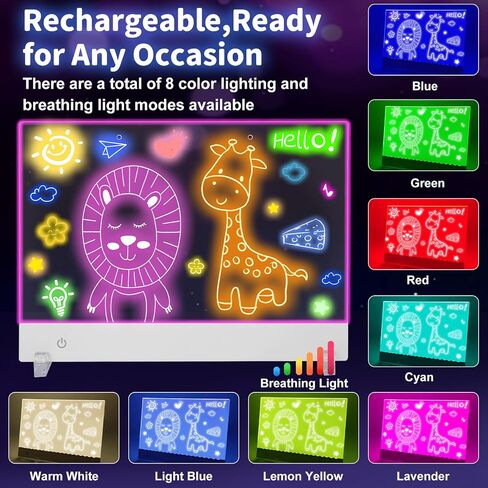 Rechargeable Led Drawing Board for Kids, 13.7" x 10", 3 Modes and 8 Colors, Illuminated Acrylic Dry Erase Board, Includes Cable and Hanging Chain, Invisible Stand, 7 Markers and a Spray Bottle. in Saudi Arabia