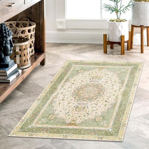 سجاد منطقة 5 × 7، سجادة بوهو قابلة للغسل لغرفة المعيشة وغرفة النوم والمكتب والمطبخ، سجاد كبير عتيق مزين بالزهور الشرقية غير قابل للانزلاق، أسود in Kuwait