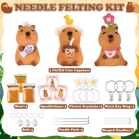 Capybara Needle Felting Kit - 3 Set Cute Animal DIY Doll Wool Craft Set with Felt Tool Instruction Foam Mat, DIY Needlework Keychain Craft for Adults Beginners Christmas Birthday Gift (Style 1) in Saudi Arabia