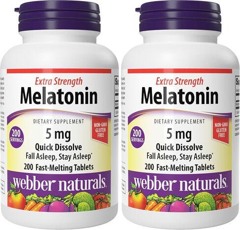Webber Naturals Extra Strength Melatonin 5 mg, Easy Dissolve, 200 Tablets, 100% Drug Free Sleep Aid for Adults, Gluten Free, Non-GMO, Suitable for Vegetarians in Saudi Arabia