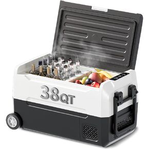 ثلاجة سيارة محمولة TABU 38QT(35L)، فريزر ومبرد ثنائي المنطقة 12 فولت مع 12/24 فولت تيار مستمر و110/240 فولت تيار متردد، -4 درجة فهرنهايت ~ 68 درجة فهرنهايت، ثلاجة سيارة مع سلة وعجلات، ضوضاء منخفضة، للتخييم والسفر، RV (أسود) in Kuwait