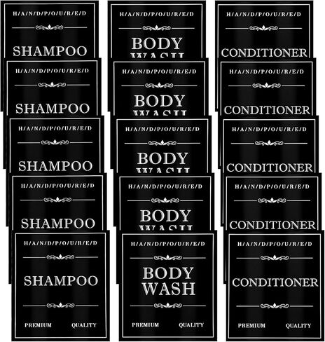 15 قطعة من ملصقات الصابون المقاومة للماء، 3 أنماط من ملصقات الحمام القابلة للإزالة للزجاجات، ملصق تنظيم الحمام، ملصق تنظيف لبلسم الشامبو، الزجاجات البلاستيكية (أسود، أبيض) in Kuwait