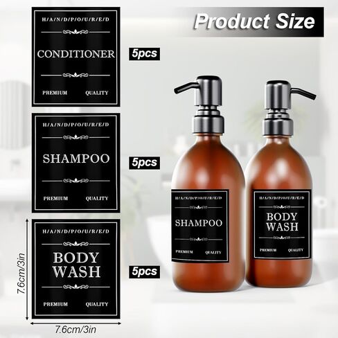 15 قطعة من ملصقات الصابون المقاومة للماء، 3 أنماط من ملصقات الحمام القابلة للإزالة للزجاجات، ملصق تنظيم الحمام، ملصق تنظيف لبلسم الشامبو، الزجاجات البلاستيكية (أسود، أبيض) in Kuwait