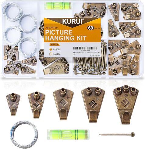 KURUI 303Pcs Picture Hanging Kit, Picture Hangers Assorted Kit With Heavy Duty Wall Hooks, Sawtooth, Picture Wire, D Rings, Hardware Nails, Eye Hooks and Picture Hanging Tool for Frame Canvas Mounting in Kuwait