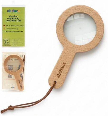 عدسة مكبرة خشبية للأطفال 3X - لعبة طبيعة مونتيسوري STEM - مقبض من خشب الزان الطبيعي، عدسة أكريليك شفافة، حزام وحقيبة بلاستيكية | لعبة إكسبلورر للاستخدام الخارجي للأطفال الصغار، أداة تعليمية in Kuwait