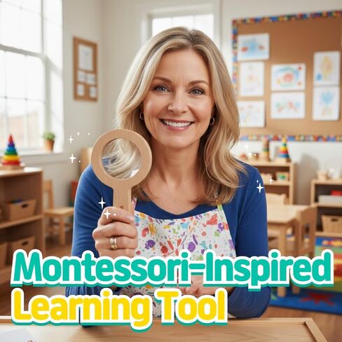 عدسة مكبرة خشبية للأطفال 3X - لعبة طبيعة مونتيسوري STEM - مقبض من خشب الزان الطبيعي، عدسة أكريليك شفافة، حزام وحقيبة بلاستيكية | لعبة إكسبلورر للاستخدام الخارجي للأطفال الصغار، أداة تعليمية in Kuwait