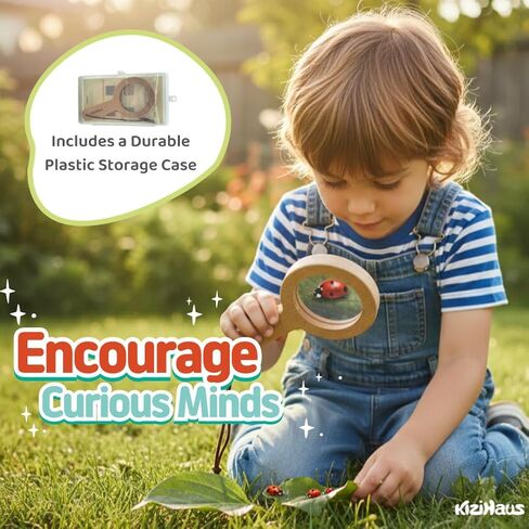 عدسة مكبرة خشبية للأطفال 3X - لعبة طبيعة مونتيسوري STEM - مقبض من خشب الزان الطبيعي، عدسة أكريليك شفافة، حزام وحقيبة بلاستيكية | لعبة إكسبلورر للاستخدام الخارجي للأطفال الصغار، أداة تعليمية in Kuwait