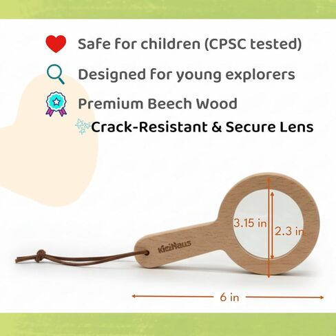 عدسة مكبرة خشبية للأطفال 3X - لعبة طبيعة مونتيسوري STEM - مقبض من خشب الزان الطبيعي، عدسة أكريليك شفافة، حزام وحقيبة بلاستيكية | لعبة إكسبلورر للاستخدام الخارجي للأطفال الصغار، أداة تعليمية in Kuwait