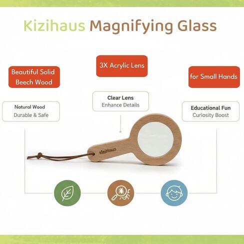 عدسة مكبرة خشبية للأطفال 3X - لعبة طبيعة مونتيسوري STEM - مقبض من خشب الزان الطبيعي، عدسة أكريليك شفافة، حزام وحقيبة بلاستيكية | لعبة إكسبلورر للاستخدام الخارجي للأطفال الصغار، أداة تعليمية in Kuwait