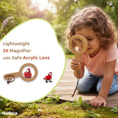 عدسة مكبرة خشبية للأطفال 3X - لعبة طبيعة مونتيسوري STEM - مقبض من خشب الزان الطبيعي، عدسة أكريليك شفافة، حزام وحقيبة بلاستيكية | لعبة إكسبلورر للاستخدام الخارجي للأطفال الصغار، أداة تعليمية in Kuwait