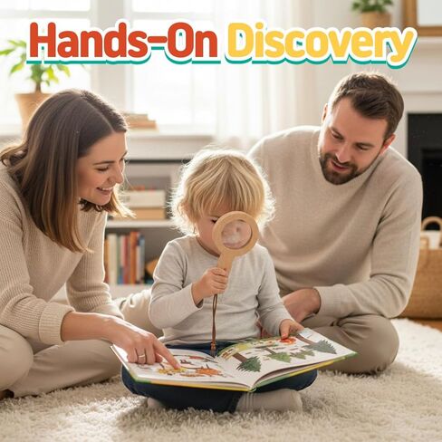 عدسة مكبرة خشبية للأطفال 3X - لعبة طبيعة مونتيسوري STEM - مقبض من خشب الزان الطبيعي، عدسة أكريليك شفافة، حزام وحقيبة بلاستيكية | لعبة إكسبلورر للاستخدام الخارجي للأطفال الصغار، أداة تعليمية in Kuwait