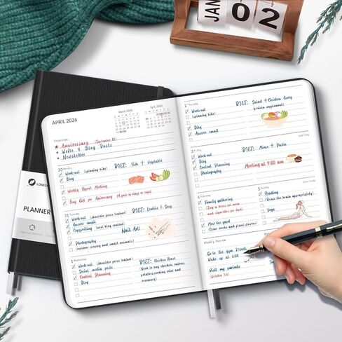 مخطط 2026، مخططات أسبوعية وشهرية، تقويم يومي من الجلد الصناعي 2026 مخطط، جدول أعمال 12 شهرًا من يناير إلى ديسمبر، مجلة تعقب العادات ذات الغلاف الصلب 5.75 بوصة × 8.4 بوصة (أسود) in Kuwait