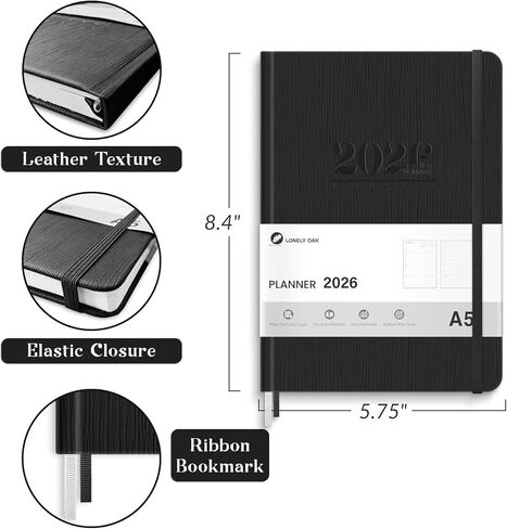 مخطط 2026، مخططات أسبوعية وشهرية، تقويم يومي من الجلد الصناعي 2026 مخطط، جدول أعمال 12 شهرًا من يناير إلى ديسمبر، مجلة تعقب العادات ذات الغلاف الصلب 5.75 بوصة × 8.4 بوصة (أسود) in Kuwait