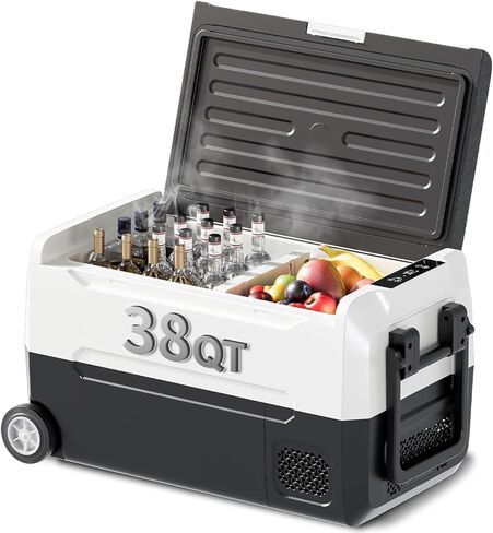 ثلاجة سيارة محمولة TABU 38QT(35L)، فريزر ومبرد ثنائي المنطقة 12 فولت مع 12/24 فولت تيار مستمر و110/240 فولت تيار متردد، -4 درجة فهرنهايت ~ 68 درجة فهرنهايت، ثلاجة سيارة مع سلة وعجلات، ضوضاء منخفضة، للتخييم والسفر، RV (أسود) in Kuwait